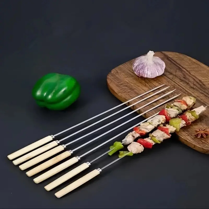 30pcs Wooden Handle Anti-Scalding Barbecue Skewers Can Be Reused 304 Stainless Steel Metal Barbecue Skewers Wide