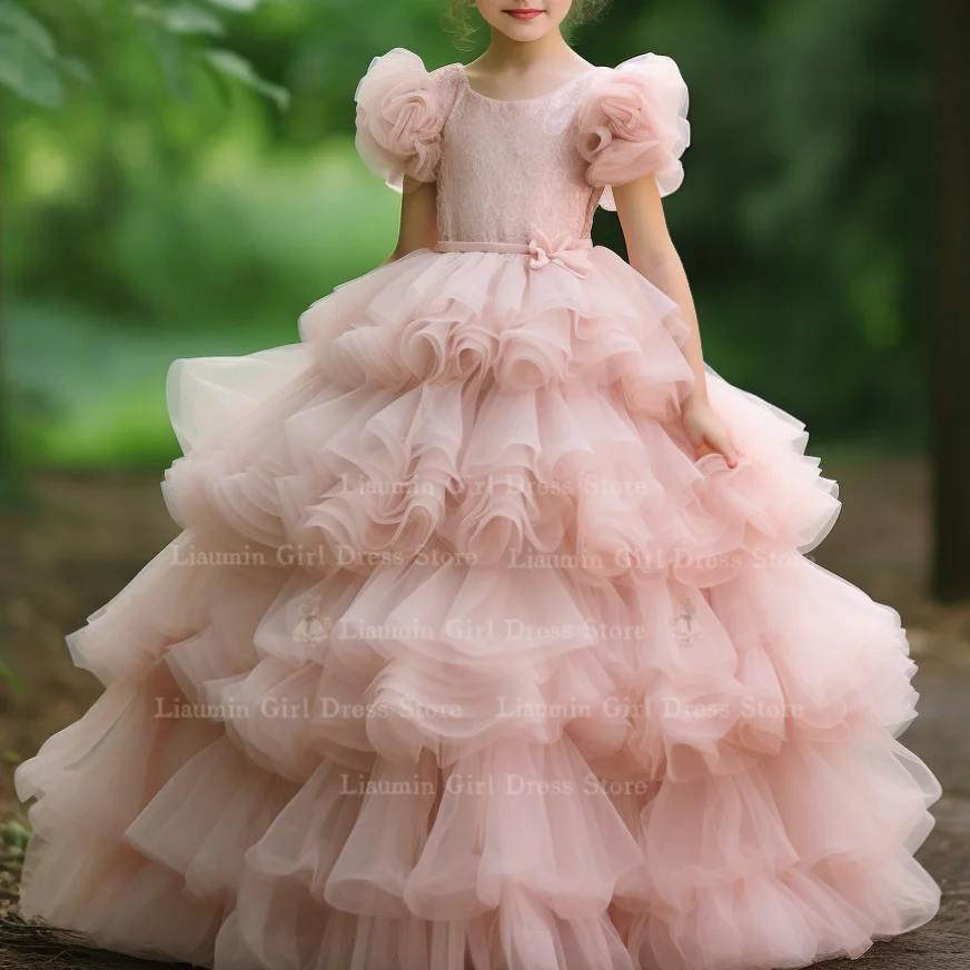 

Бальное платье из розового тюля в несколько рядов с поясом и коротким рукавом, платья с цветами для девочек на свадьбу, причастие, на свадьбу, на торжество, Женская юбка