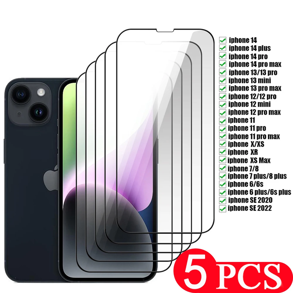 

5 шт. для iphone 14 plus 13 pro max, закаленное стекло, защитная пленка для iphone 12 mini 11 XS SE 3 X XR 8 7 6 6s, защита экрана