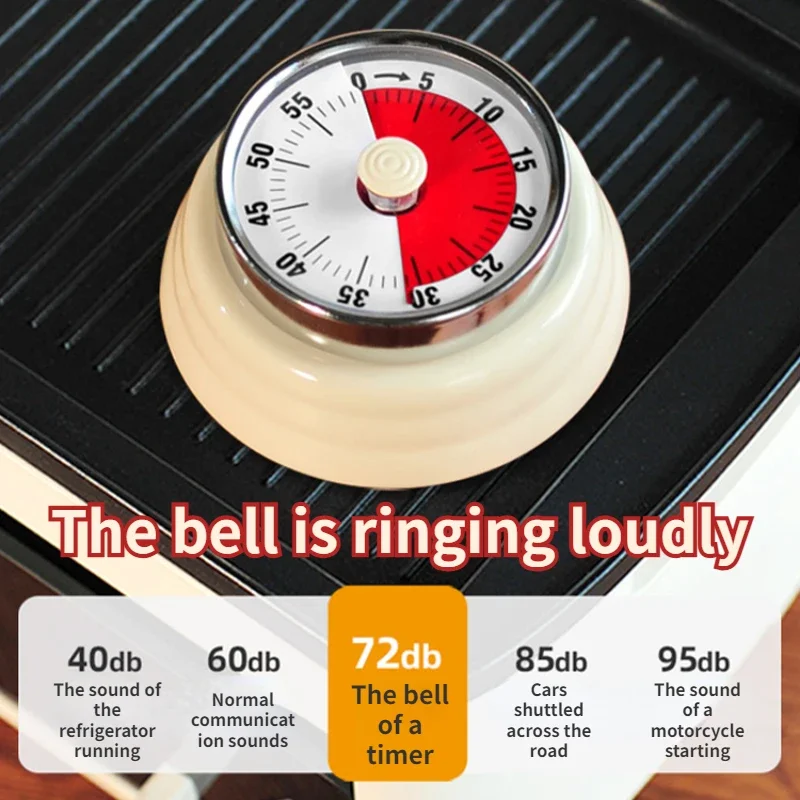 Timer Meccanico Magnetico 60 Minuti - Conto Alla Rovescia Con Allarme 70dB E Telaio In Acciaio Inox - Per Cucina, Forno, Studio - Nero - 5