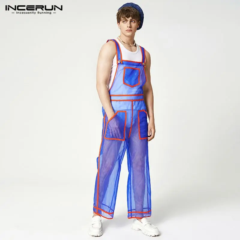 INCERUN Men Jumpsuits Mesh See Through Sexy Patchwork Pockets Sleeveless Straps Rompers Streetwear Fashion Men Overalls 5XL denim overalls men rompers