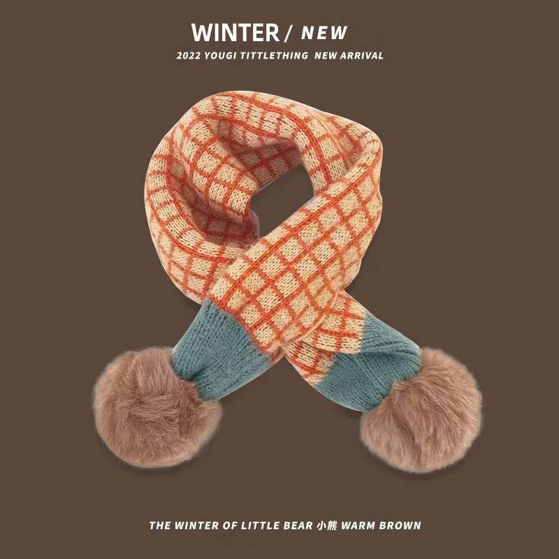 Fashion Checkered Knitted Children's Scarf Winter Warm Windproof Cute Boys and Girls Neck Cover Scarves Clothing Accessories