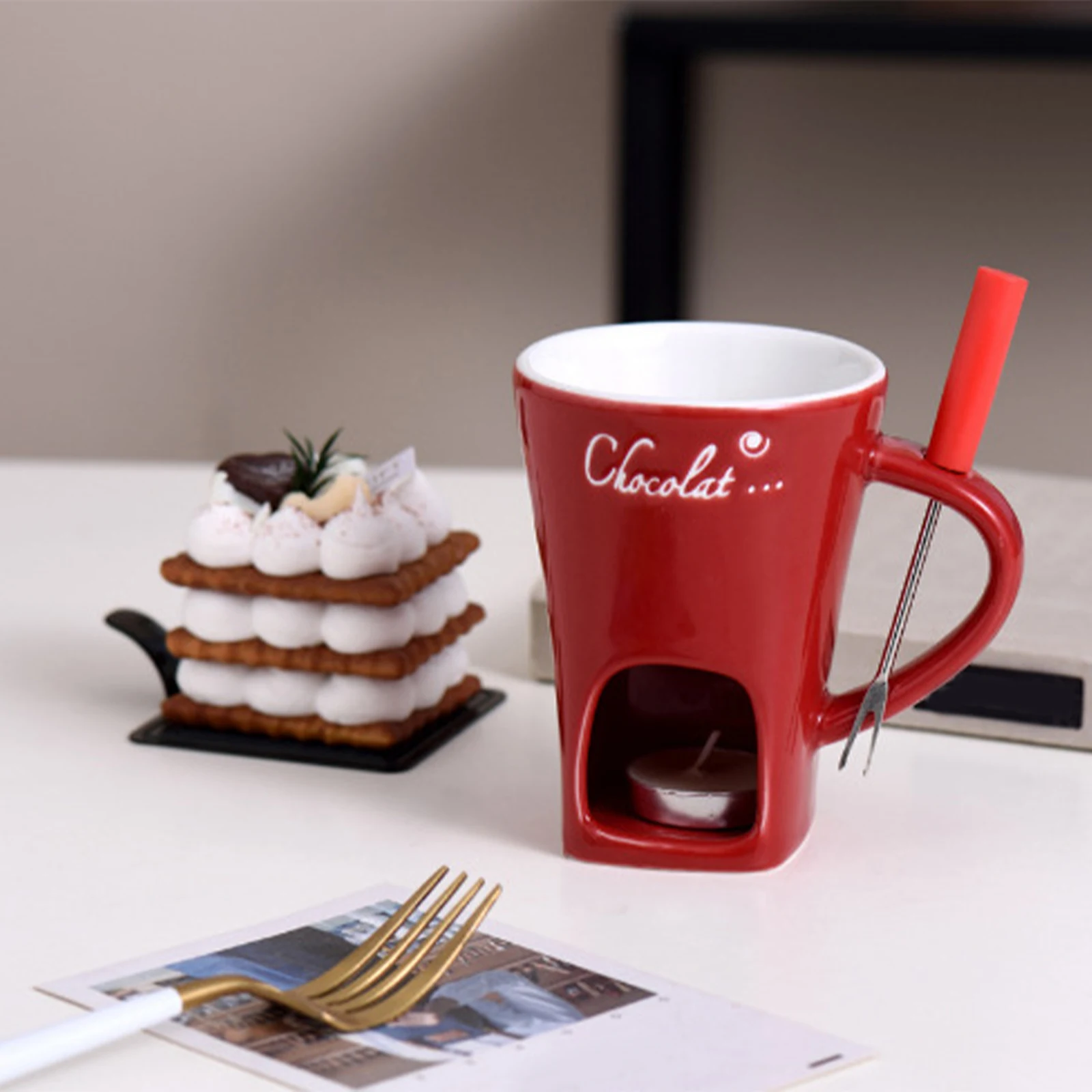 Fondue Mug Cheese Butter Melt Pot Butter Heater Coffee Cup with Fork Chocolate Melting Cup for Candy Tapas Dessert Kitchen Snack chocolate warmer fondue set