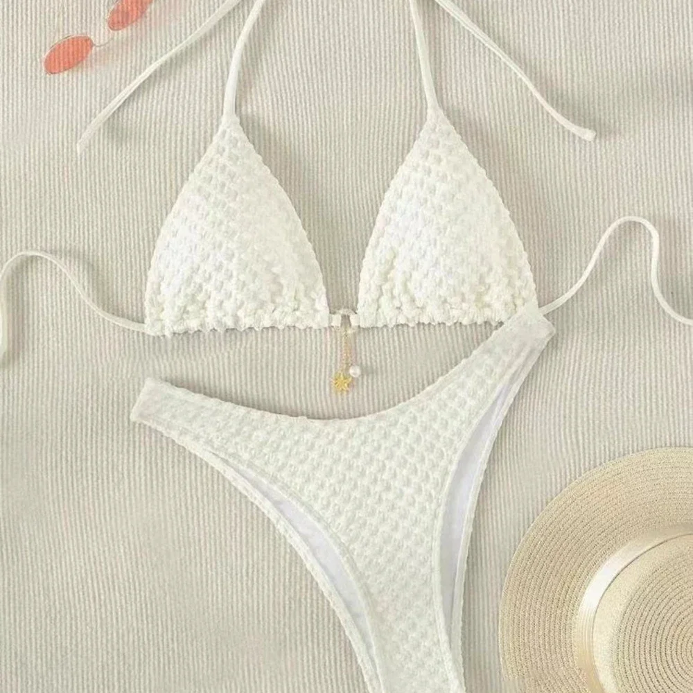 Women Milky White Halter Bikini Solid 2 Piece Swimsuit Lace Up Brazilian Bathing Suit 2025 Summer Special Fabric Beachwear