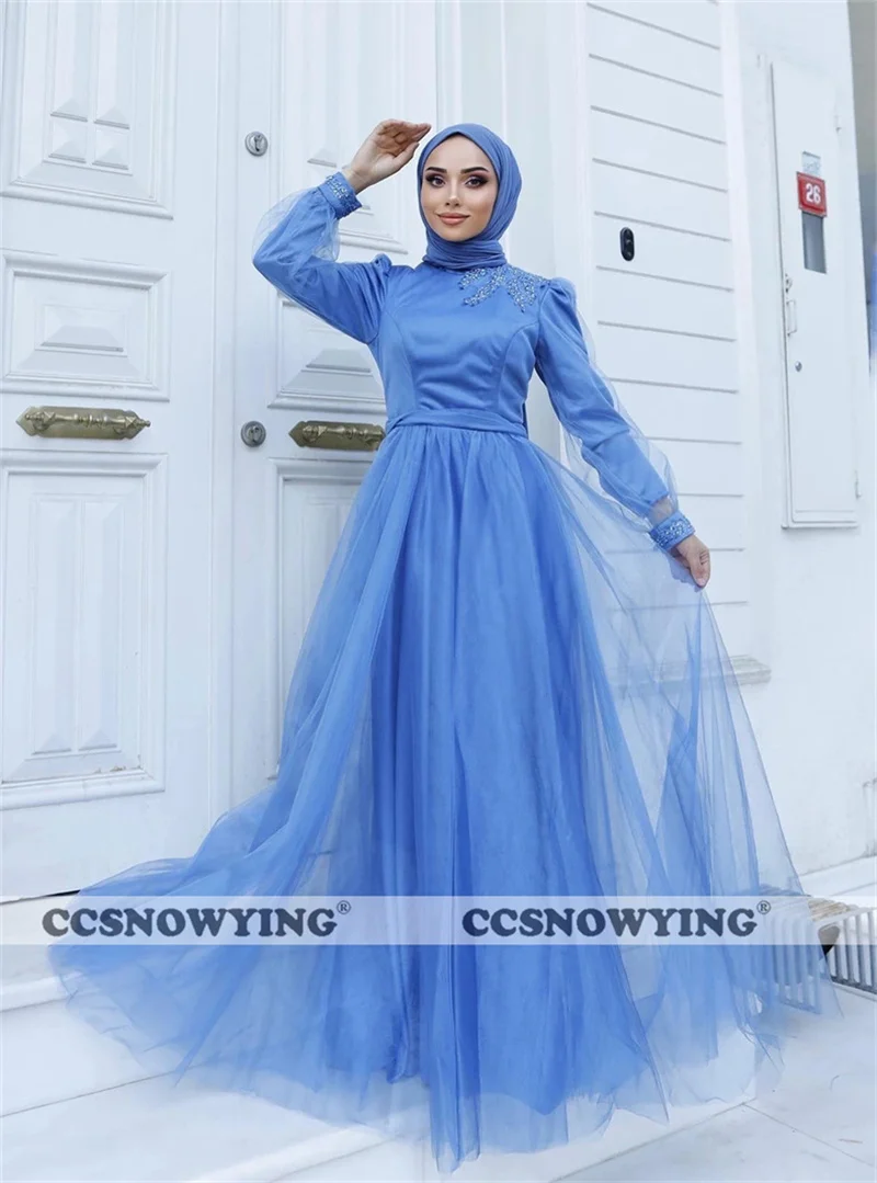 

Full Sleeve Muslim Evening Dresses Islamic Tulle Appliques Hijab Formal Party Gowns Women Arabic Dubai Robes De Soirée