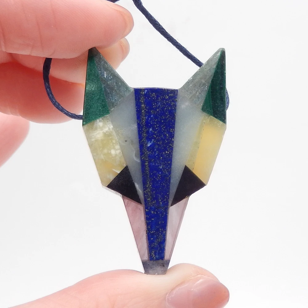 

Gemstone Intarsia Wolf Head Pendant, Multi-stone Pendant Bead,Malachite, Labradorite, Lapis Lazuli, Amazonite, Yellow Opal, Obsi