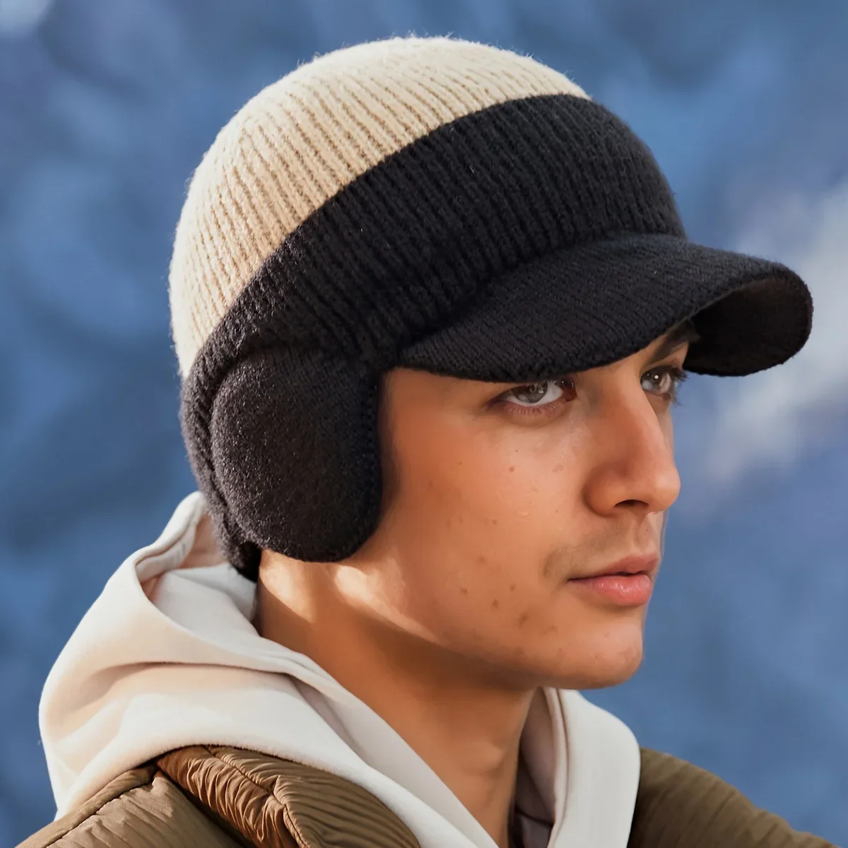 Zweifarbige gestrickte Baseballkappe – Outdoor-Aktivitäten | Modische Papa-Mütze mit Gehörschutz | Perfekt für Paare. Hüte für Männer – Detail 8