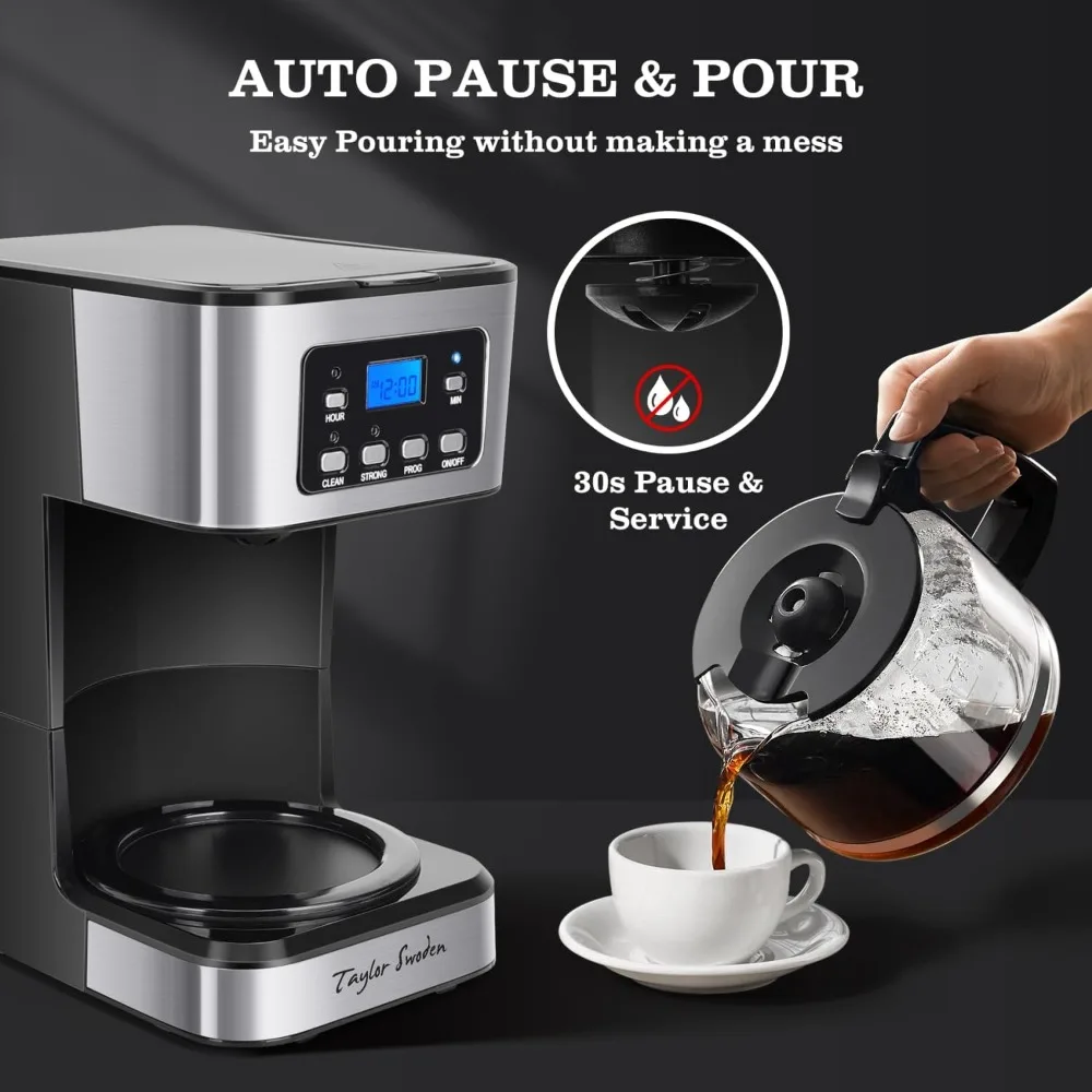 2025 Taylor Swoden 12-Cup Programmable Coffee Maker, Regular & Strong Brew Drip Coffee Machine for Home and Office, Glass Carafe 5