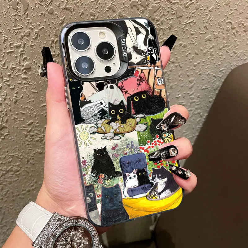 Neue süße schwarze Katze Grafik Montage Laser Handyhülle für iPhone 17 15 16 Pro Max Plus 14 13 12 Mini 11 Pro Max stoßfeste Abdeckung – Detail 5