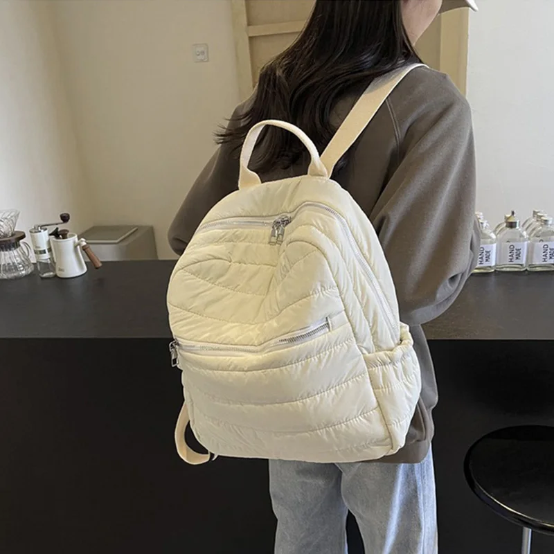 Fashion Cotton Backpack Soft Puffer Knapsack Quilted Large Capacity Nylon Solid Multi-pocket Daypack Travel Gym Bag XA30ZZ 2