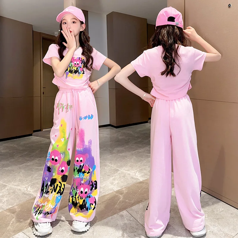 

Two Piece Set Teenage Girls Summer Short Sleeve T-shirt + Sweatpants Kawaii Cartoon Kids Clothes Outfits Graffiti 4 To 16 Yrs
