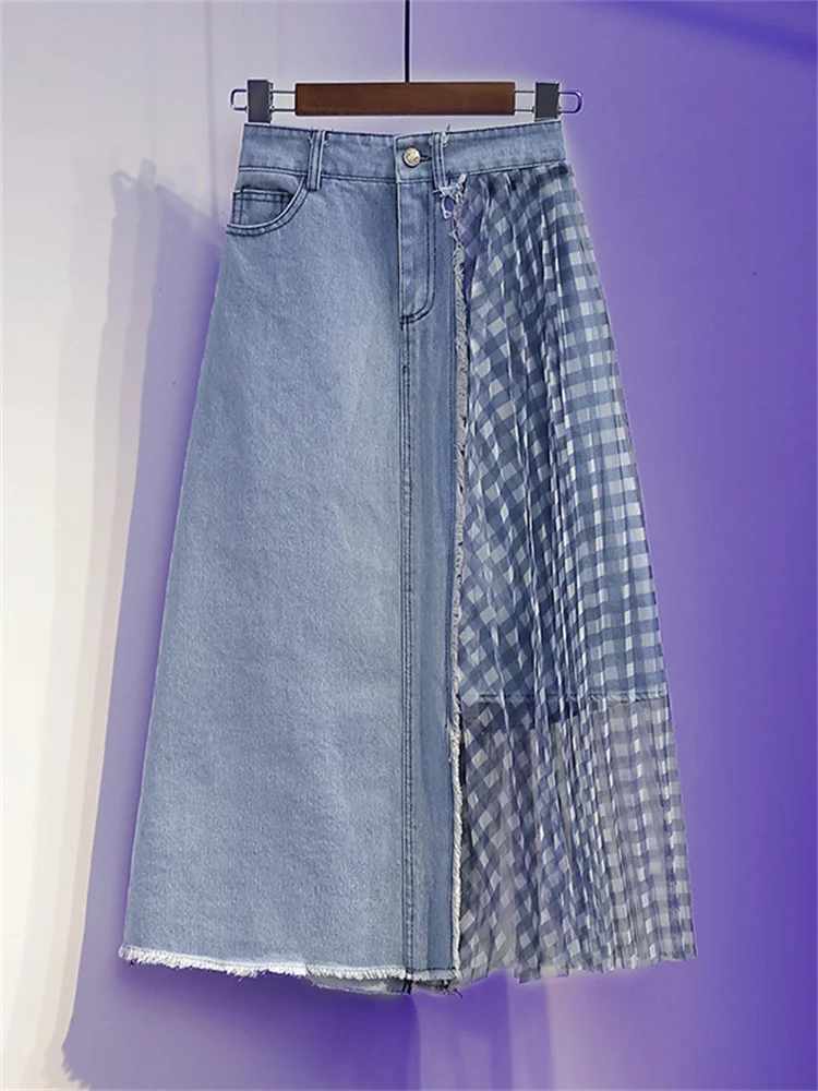

2023 New Fashion Denim Skirts Female Elastic High Waist Irregular Mesh Splicing A-line Skirt Ladies All-match Jeans Skirt Women