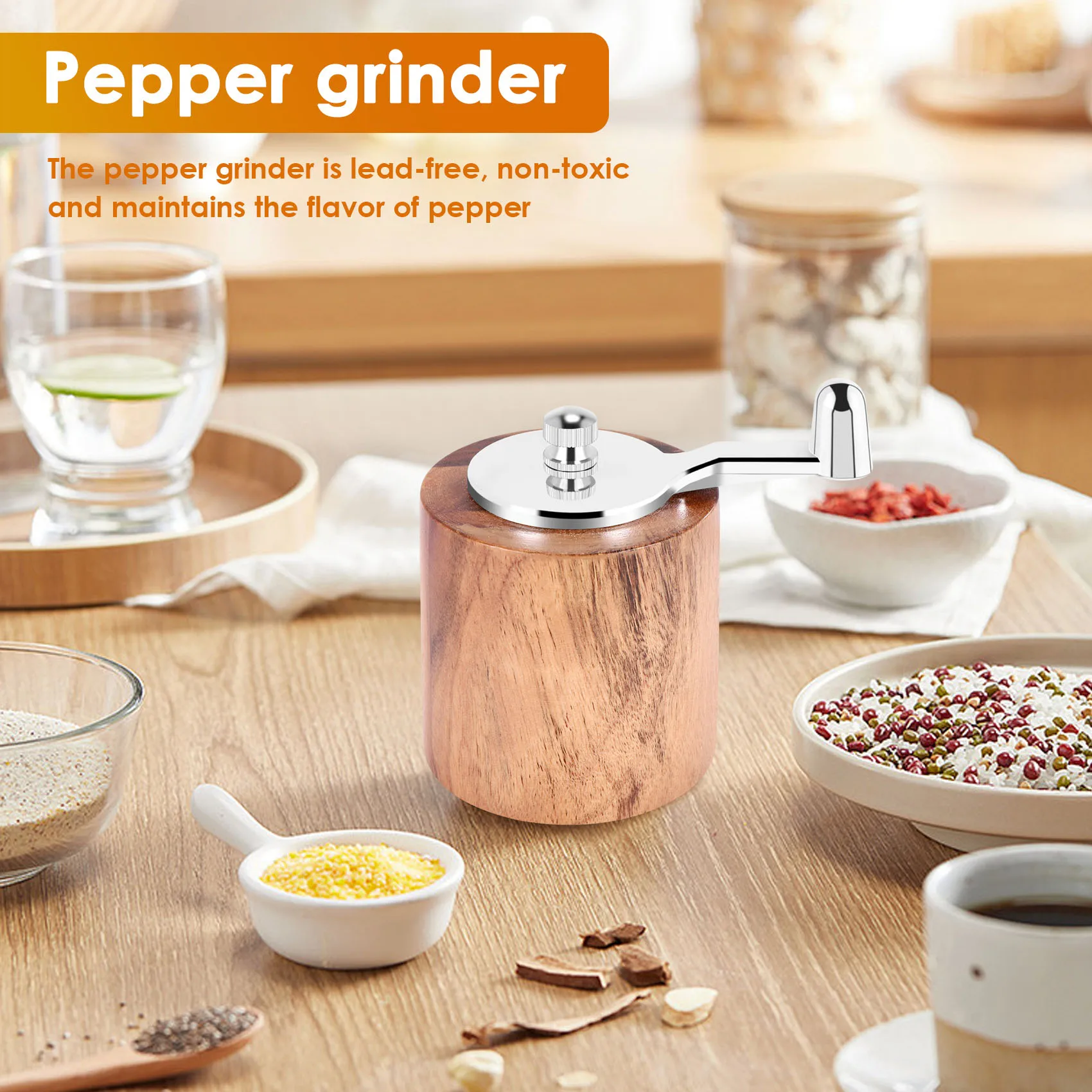 Pepper Mill Hand Crank Wood Pepper Grinder with Classic Handle and Adjustable Ceramic Rotor
