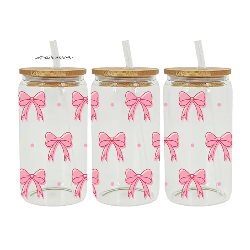 〔Sa〕Flowy Bows UV DTF Cup Wrap For 16oz Beer Glass Can Pretty Love Ribbons Cute Girly Cup Wrap Design UV DTF Sticker