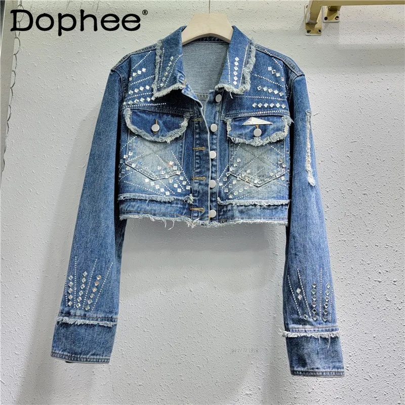 Street Style Ripped Frayed Rhinestone Denim Coat Female 2024 Spring and Autumn New Loose Slimming Cropped Denim Top Women