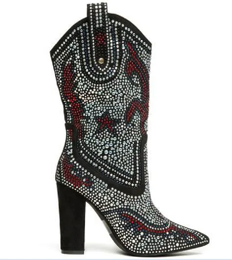 

Winter Mixed Color Bling Rhinestone Pointed Toe Thick Heel Slip-On Women's Knee High Boots Designer Rivet Floral Pattern Shoes