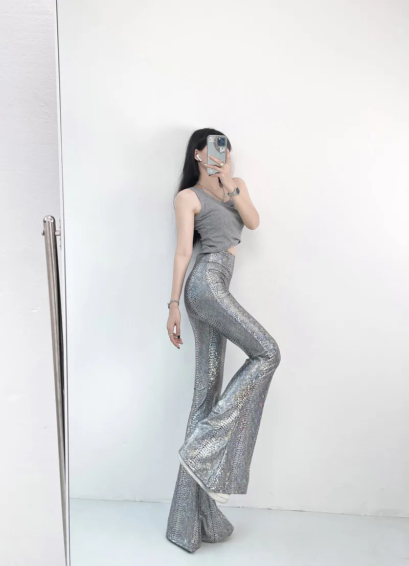 SALIENCY Silver Snake Skin Pattern Flared Pants Women High Waist Slim Sexy Stretch Wide Leg Trousers Party Clubwear