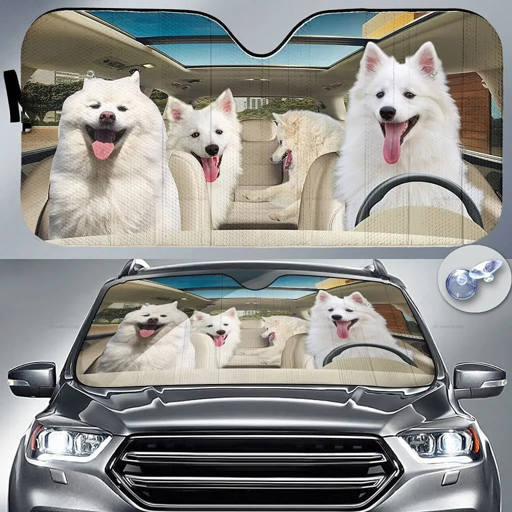 

Funny American Eskimo Family Driving Dog Lover Car Sunshade Windshield Window, Gift for American Eskimo Lover, Car Windshield Au