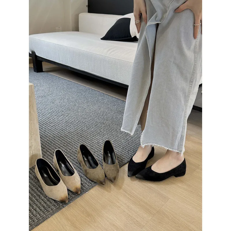 French Suede Temperament Socialite Black Slim Heel Shoes Women's New Spring and Autumn Season, One Foot Wearing Pointed Ladybugs