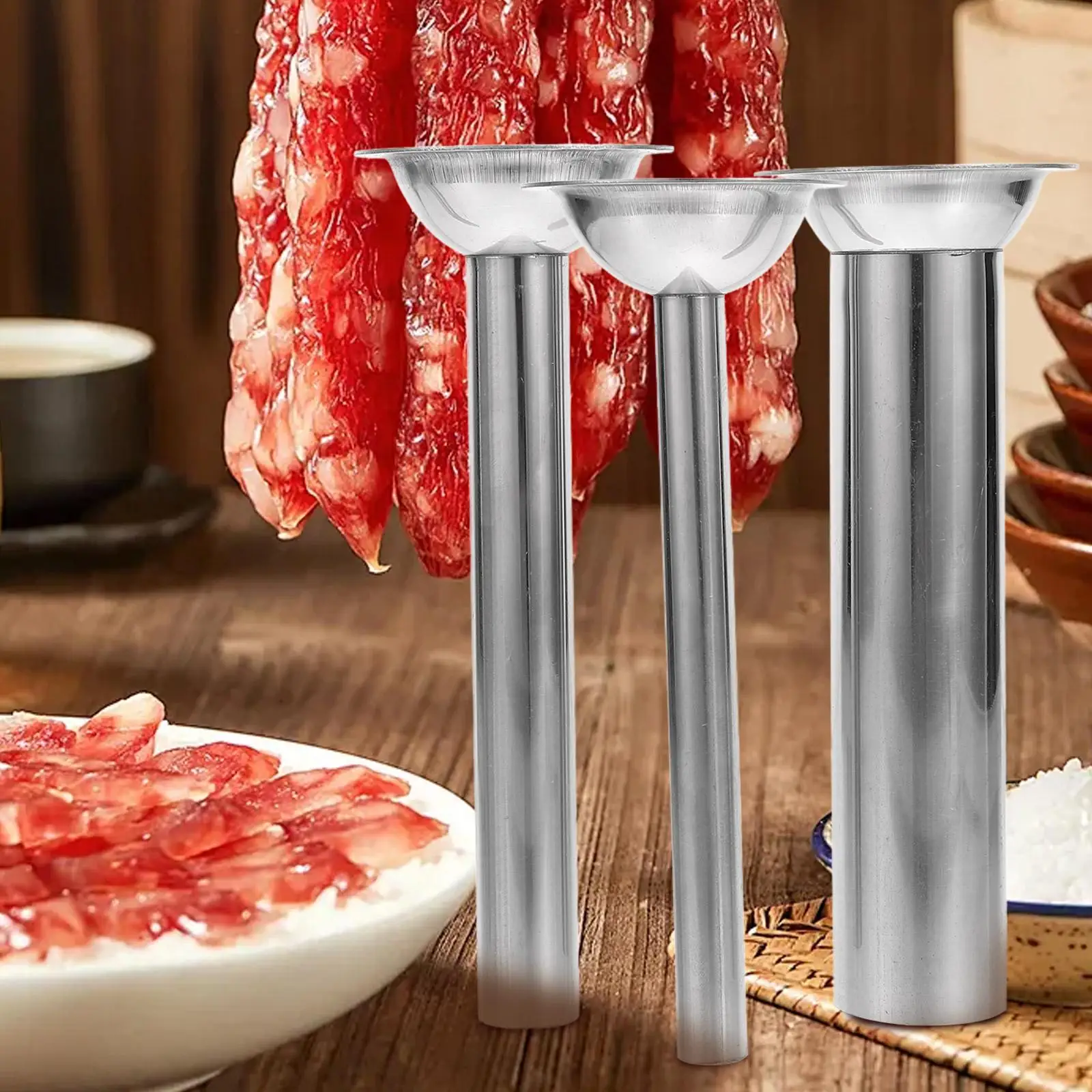 3 Pcs Stainless Steel Sausage Filler Tube Manual Grinder Kit Sausage Stuffer Pork Beef Turkey Meat Processor Poultry Tool