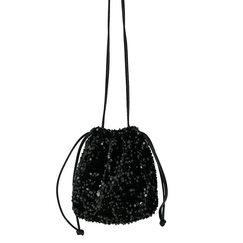 Bolso de hombro de tela con lentejuelas para niñas, monedero plateado Simple, bolso cruzado pequeño, bolso de maquillaje, bolso de cubo con cordón