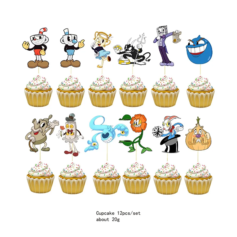 귀여운 CUPHEAD 테마 소년과 소녀 생일 파티 일회용 종이 컵 플레이트 컵케익 배너 라텍스 풍선 세트 장식 용품