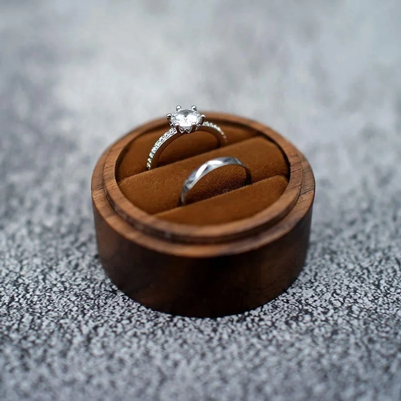 1PCS Blank Walunt Wood Ring Box With Bag Wooden Round Double Slot Wedding Proposal Engagement Round Wood Ring Box Earring Box
