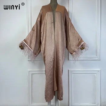 WINYI  summer wool sleeve kimono maxi dress beach cover up Cardigan boho maxi coat abayas print kaftan beach outfits women 1