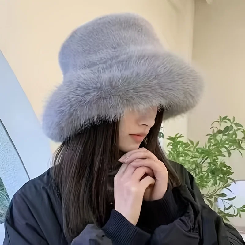 Women Bucket Hat Fashion Faux Fur Big Bucket Hat for Women Russian Cossack Fluffy Winter Wrap Hat Fuzzy Fluffy Bucket Oversized