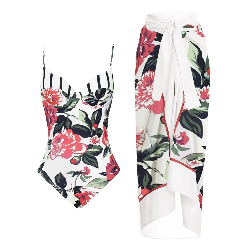 

Stylish Floral Stripe Print V-Neck Swimsuit 2023 Women'S Patchwork One-Piece Sexy Halter Bikini High Waist Beachwear Push-Ups