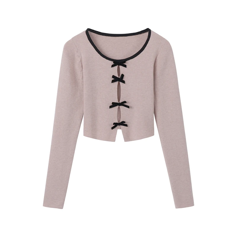 

Bow Pink Sweater Women's Early Spring Inner Design Short French Top white cardigan summer cardigan
