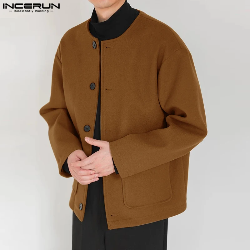 

Топы INCERUN 2023, мужские однотонные хорошо облегающие куртки в Корейском стиле, осенне-зимние повседневные стильные мужские куртки с длинным рукавом, пальто
