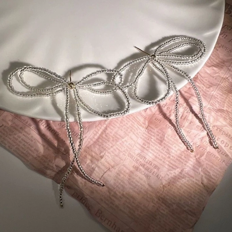 652F 한국어 Tassels 비즈 Bowknot 귀 스터드 귀걸이 여자를위한 여자 달콤한 멋진 리본 보우 드롭 귀걸이 웨딩 쥬얼리 선물