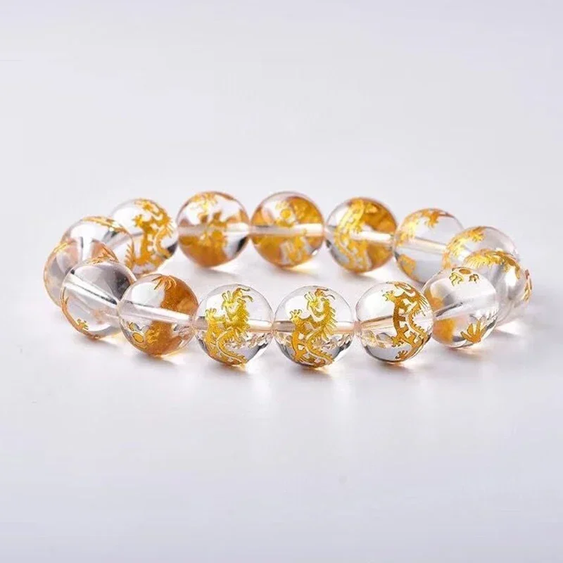 

Браслеты из белого натурального кристалла, резной дракон, 14 мм, круглые браслеты Будды с бусинами для мужчин и женщин, ювелирные изделия в подарок