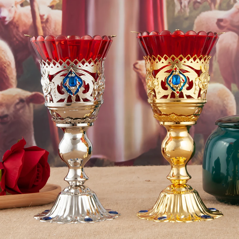 Antique Golden Metal Church Candle Holders with Red Glass Cups Christian Altar Decor Religious Ceremony Gift for Home Holidays