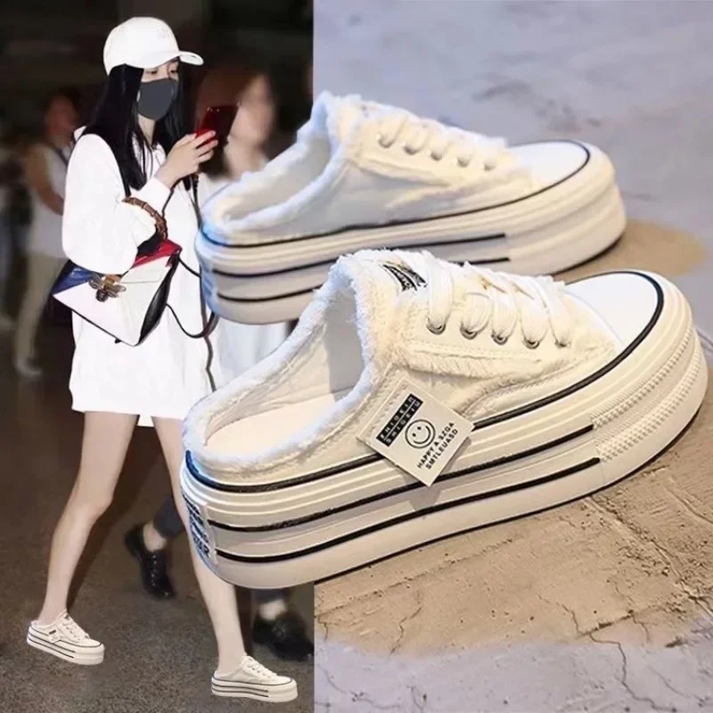 Women's Canvas Half Slippers Breathable Casual Sneakers for Women Platform Vulcanize Shoes Comfort Slip on Loafers Zapatos Mujer 4