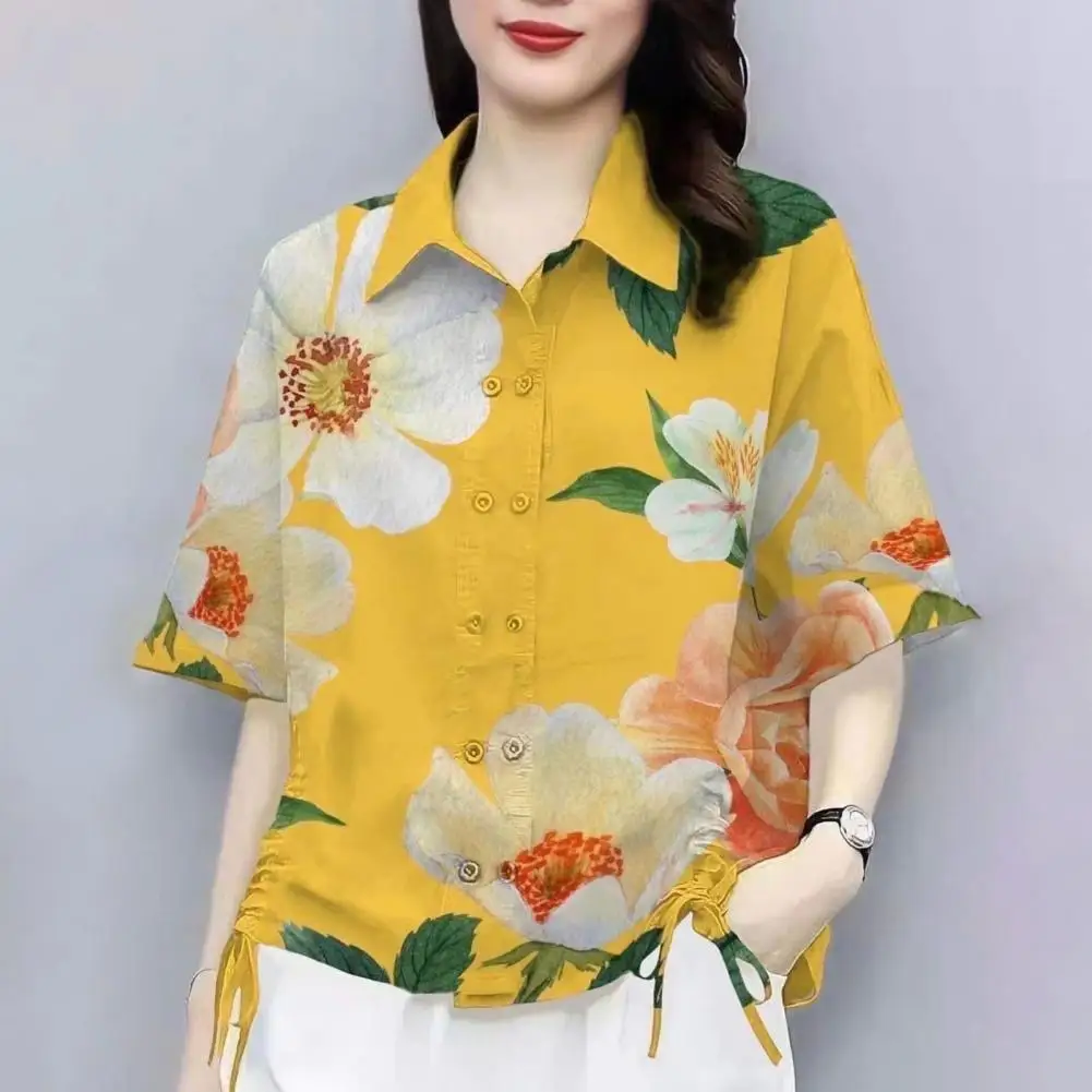 

Женская двухбортная рубашка, летняя рубашка с отложным воротником и коротким рукавом, рубашка с цветочным узором, блузка с боковым завязкой на талии, топы, рубашки