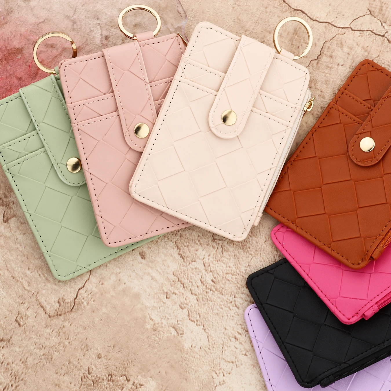 PU Leather ID Credit Card Holder Wallet with Wristlet Bangle Silicone Bead Tassel Card Holder Leather Keychain