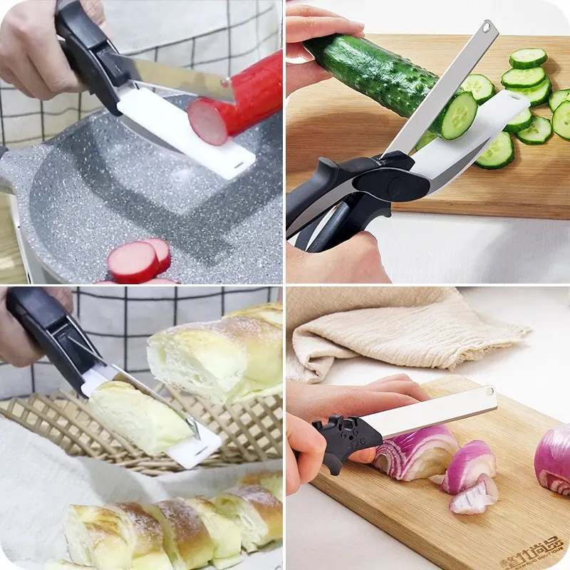 1pc Food Cutter Kitchen Scissors, Salad Chopper with Built-in Cutting Board Easy Cutting Multipurpose Stainless Steel Scissor