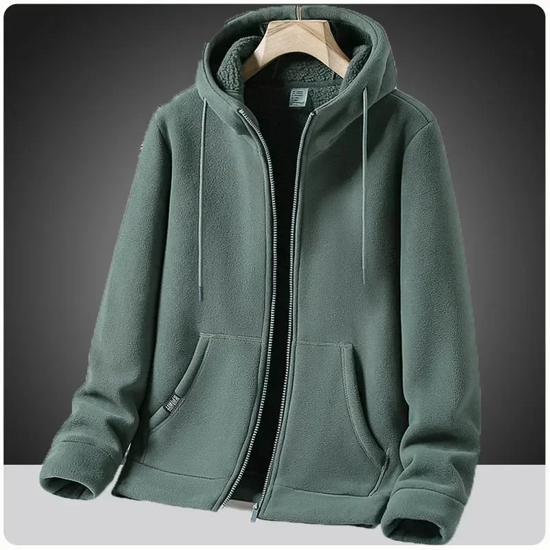 Heren Fleece Jas Warme Jas Pluche Thermische Jas Heren Casual Afneembare Capuchon Lange Mouw Rits Pocket Dunne Jas Wandelen Outdoor Windjack Thermische Tops Jas voor Mannen 2024 Nieuw, Kaki, 5XL