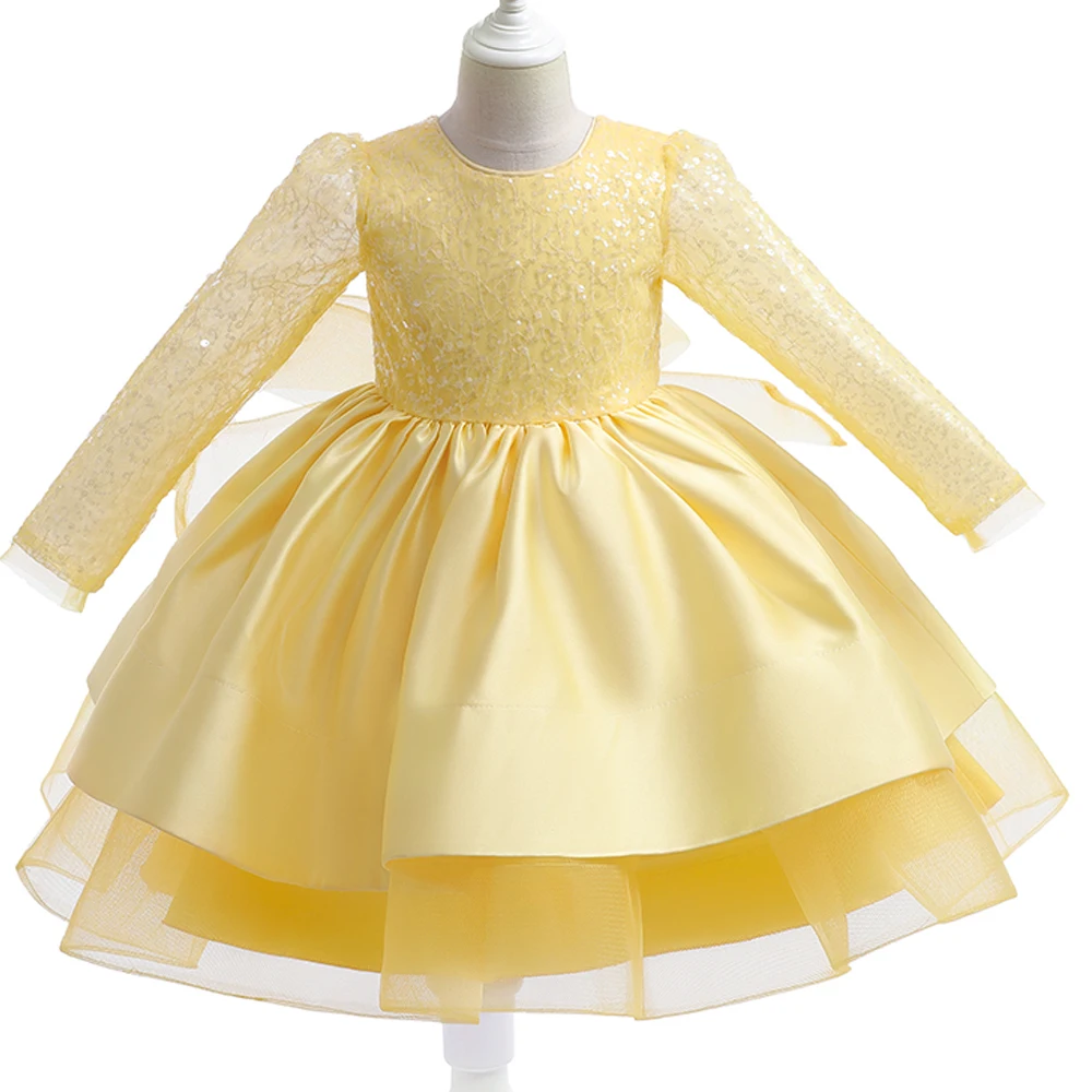 Formal Long Sleeve Lace Sequins Wedding Princess Dress Host Birthday Evening Bow Kids Dress for Girl Bridesmaid Children Clothes girls dress,princess costume,kids clothes