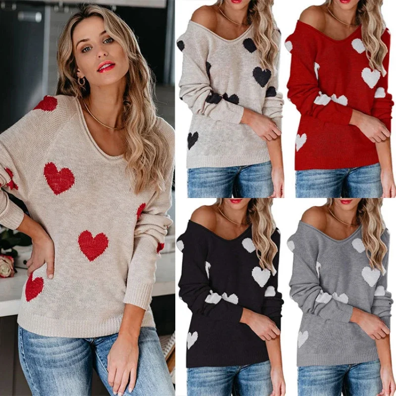 

2023 Pullover Sweater Women Autumn and Winter New Loose Love Mood People's Day V-neck Knitwear European and American
