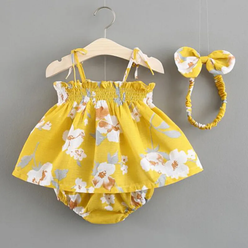 Toddler Baby Girls Summer Casual Outfit Sleeveless Dress Top+Briefs+Headband Set 