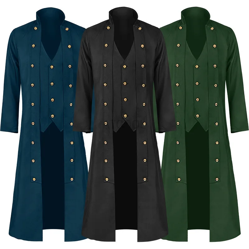 Trenchcoat Medievale Steampunk Da Uomo Falso Due Pezzi Giacca Gotica Cavaliere Costume Vittoriano Vampiro Pirata Cosplay Cappotto Di Halloween