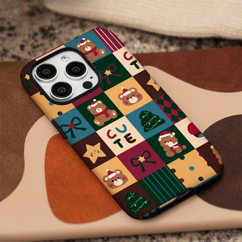 Retro Christmas Pattern Shockproof Bumper Phone Case with 2-in-1 Film Shell
