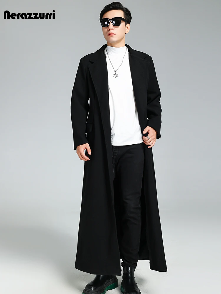 Nerazzurri Autumn Winter Extra Long Soft Black Warm Woolen Coat for Men Loose Casual Korean Fashion 2023 Wool & blends Overcoat 3