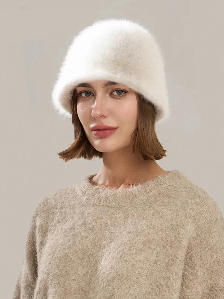 Women's Winter Plush Fur Bucket Hat Korean Solid Color Rabbit Hair Warm Fashion Versatile Outdoors Soft Dome women bucket hat women hat bucket hat