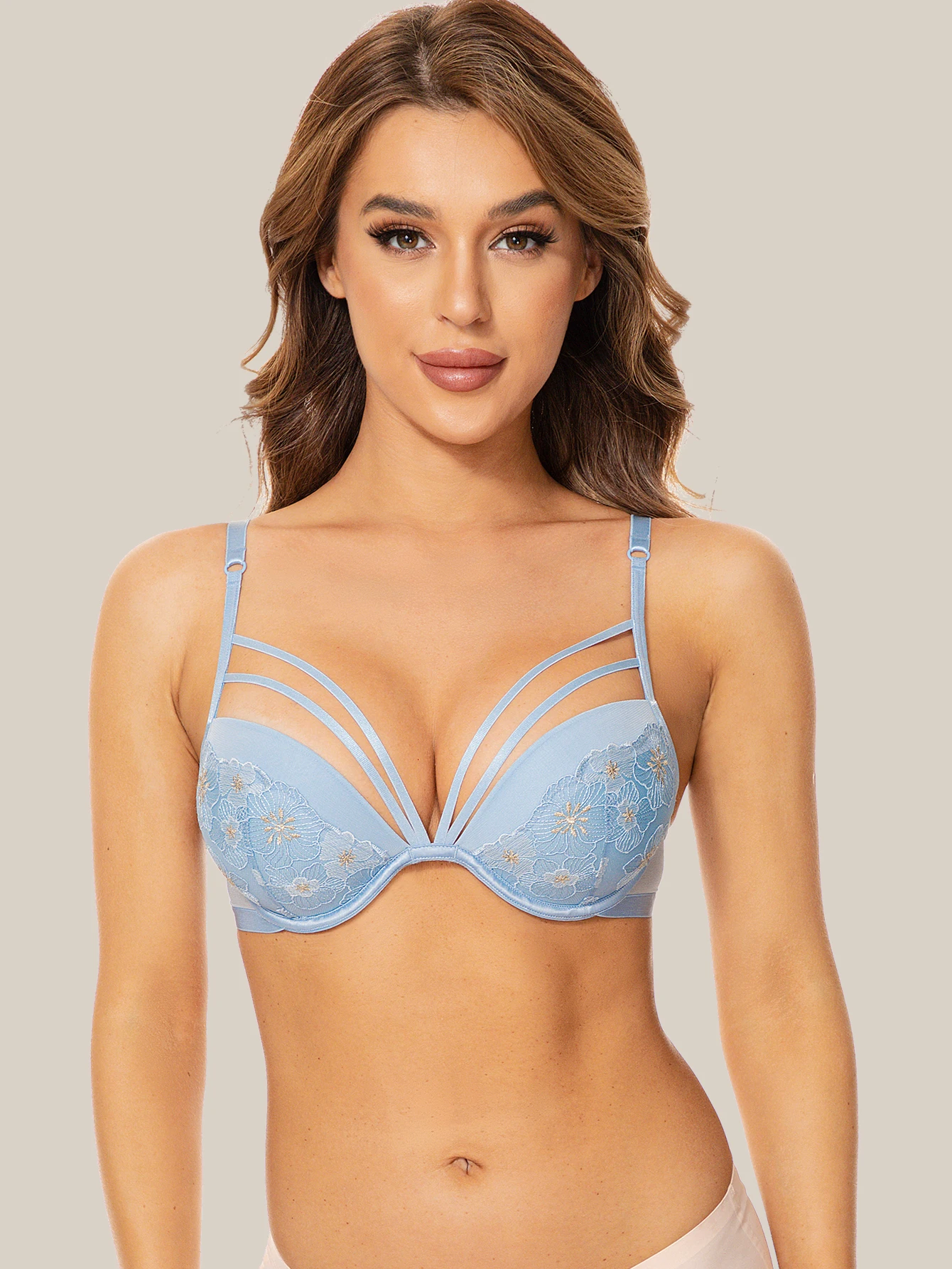 Wingslove Women's Push Up Bra Underwire Lace Padded Bra Embroidered Strappy Add Two Cups