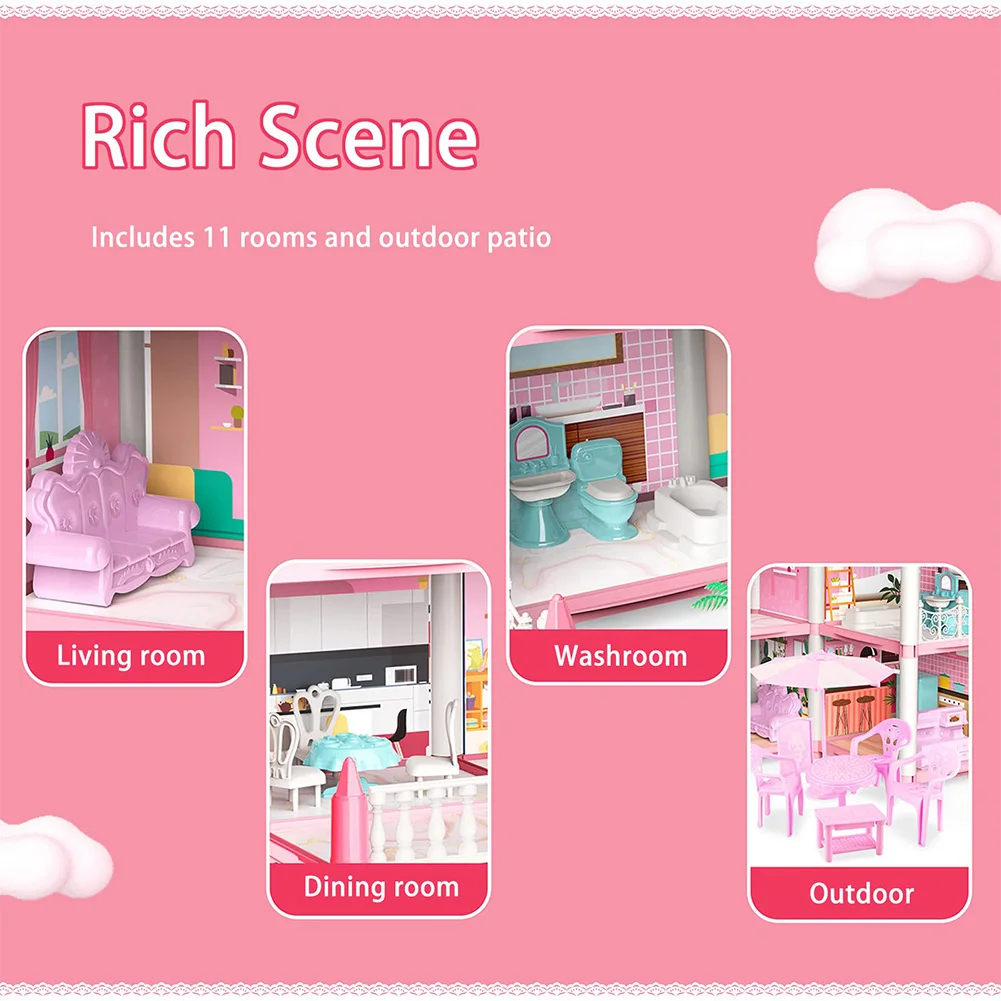 Pink princess dollhouse with multiple furnished rooms including bedroom kitchen living room and outdoor garden area