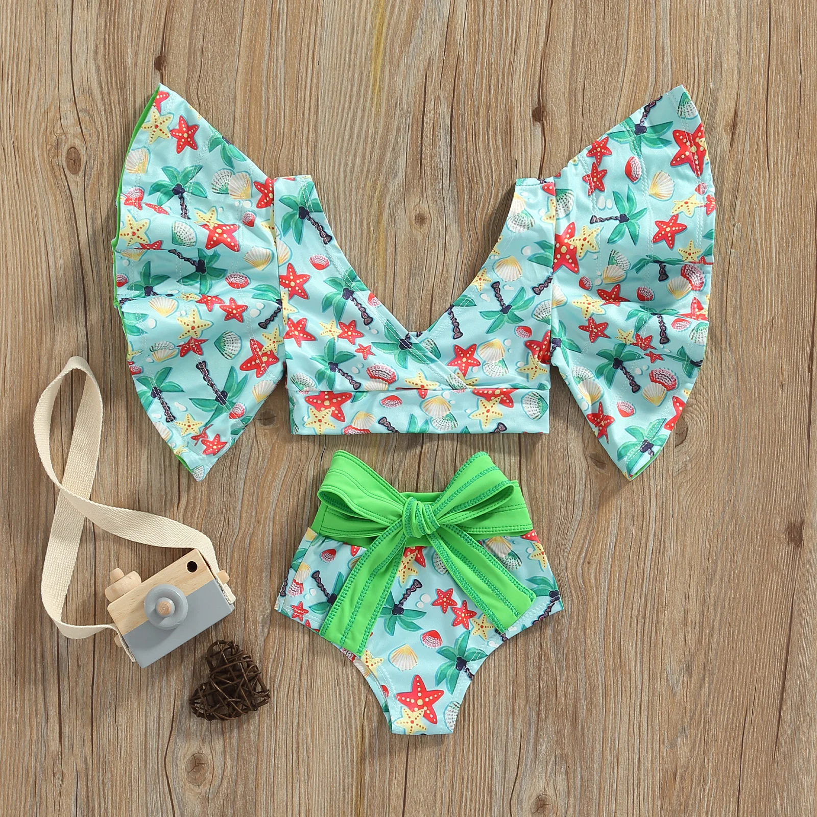 Girls Two-Piece Swimwear Lemon/Starfish/Striped Baggy Sleeve Swim Tops + High Waist Bathing Shorts Swimsuit children swimwear